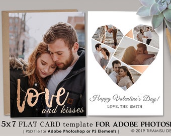 Valentines Day Photo Card Template, Heart Collage Photoshop  Template, Photo Card Photoshop Template, 5x7 Print Template, v17-1