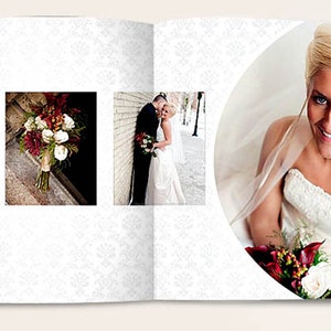 May include: A wedding album spread with four photos. The first photo shows a bride and groom smiling at each other. The second photo shows a bouquet of red and white flowers. The third photo shows the bride and groom standing together. The fourth photo shows the bride smiling at the camera.