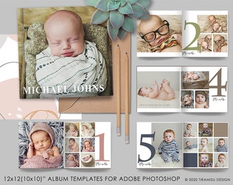 Baby 1 Year Photo Album Photoshop PSD Template| Newborn Photobook Template|  Photobook Layout| Baby First Year DIY Printable Photobook| BA1
