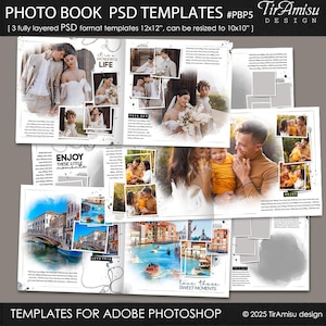 Könnte beinhalten: PSD-Vorlagen für Fotobücher mit Familien- und Hochzeitsfotos. Die Vorlagen sind 30,48 x 30,48 cm groß und können auf 25,4 x 25,4 cm verkleinert werden. Das Design enthält den Text "PHOTO BOOK PSD TEMPLATES" und "TEMPLATES FOR ADOBE PHOTOSHOP".