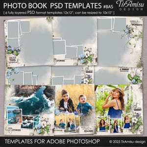 以下が含まれることがあります： Adobe Photoshop 用のヴィンテージ調の素朴なデザインのフォトブックテンプレート6点セット。テンプレートには、さまざまなフォトフレーム、テキストボックス、装飾要素が含まれています。テンプレートは 12x12 インチのフォトブック用に設計されていますが、10x10 インチにサイズ変更できます。