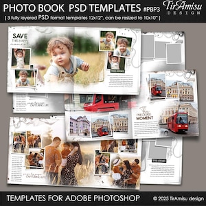 以下が含まれることがあります： Adobe Photoshop 用の写真アルバムテンプレートデザイン。テンプレートは、白地に黒とグレーのアクセントが施されています。テンプレートには、さまざまな写真プレースホルダー、テキストボックス、デザイン要素が含まれています。テンプレートは、12x12 インチの写真アルバム用に設計されていますが、10x10 インチにサイズ変更できます。テンプレートは完全にレイヤー化されており、カスタマイズが簡単です。