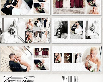 May include: A wedding photo book template with a white background and a red and white floral design. The template is for a 10x10 photo book and is designed for use with the WHCC photo book service. The text "WEDDING" is printed in black at the bottom of the template.