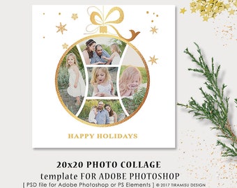 Christmas Card Template, 20x20in Photo Collage Photoshop Template, Holiday Card Template, sku xm17-4