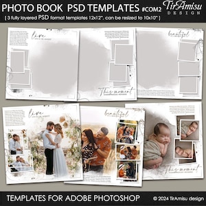 May include: Three photo book templates for Adobe Photoshop. Each template features a different design with a watercolor background and text overlays. The templates are 12x12 inches and can be resized to 10x10 inches.