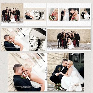 May include: A wedding photo album with images of a bride and groom, wedding party, and the couple posing in various locations. The album cover features the couple's names and the photographer's name and studio.