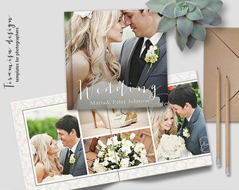 May include: A wedding invitation with a white background and a floral pattern. The invitation features a photo of a couple and the text "Wedding" in a script font. The couple's names, Maria & Peter Johnson, are printed below the word "Wedding".