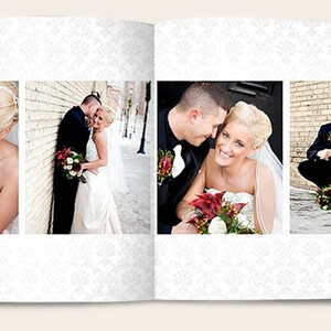 May include: A wedding album with four photos of a bride and groom. The photos show the couple posing together, smiling, and holding bouquets of red and white flowers.