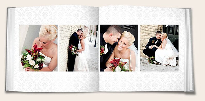 May include: A wedding album with four photos of a bride and groom. The photos show the couple posing together, smiling, and holding bouquets of red and white flowers.