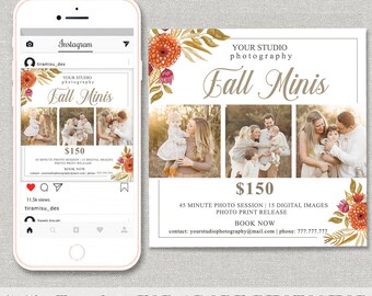 Fall Mini Photo Session Marketing PSD Photoshop Template, Autumn Floral  Instagram Template, Fall Minis Photoshop Template,  fall19-52