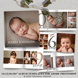 Baby First Year Album Template for Photographers, Baby Photobook Template, Printable Album Template for Photoshop, Newborn Baby Album, 21111