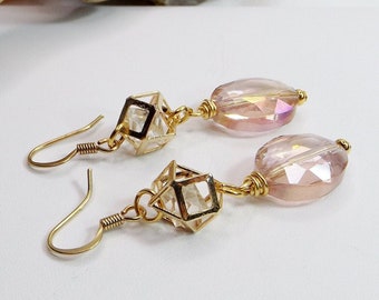 Handcrafted Beaded Dangle Earrings with a Gold Square Cage and Blush Pink Glass Beads - Radiant Mother of the Bride - Unique Gift for Her