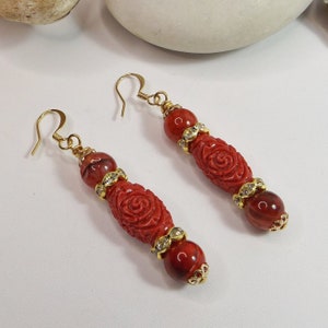 Beaded Dangle Earrings in Enchanting Red and Gold - A Floral Expression of Elegance - Blossoming Beauty - Perfectly Unique Gift for Her