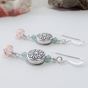 Silver Flower Coin Dangle Earrings with Pink Glass Beads & Pacific Opal Crystals - Lovely Southwestern Elegance - Unique Gift for Her
