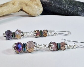 Purple Glass Dangle Earrings Adorned with Hematite and Glass Beads: A Distinctive and Thoughtful Gift for Her - Boho Goth Vibe