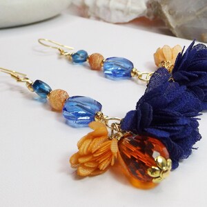 Long Dangle Earrings in Vibrant Orange and Deep Blue - Enchanting Flower Tassels, Exquisite Glass and Agate Beads - Unique Gift for Her