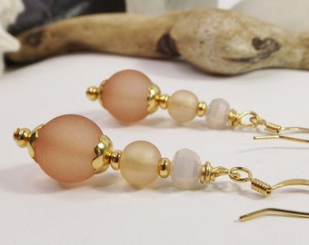 Artisanal Glass Beaded Earrings in Cream and Peach - Boho Western Beauty - A Unique and Stylish Gift for Her