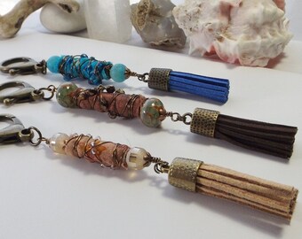 Bag Charm with Sari Ribbon, Wire-Wrapped Beads, and Leather Fringe Tassels – Artisan-Crafted Boho Beauty - One-of-a-Kind Gift for Her