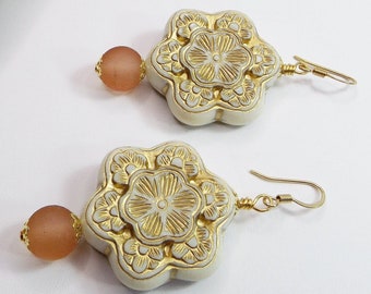 Beaded Statement Drop Earrings With Large Cream & Gold Flower Accents with Delicate Dusty Rose Pink Glass Beads - Exquisite Summer Splendor