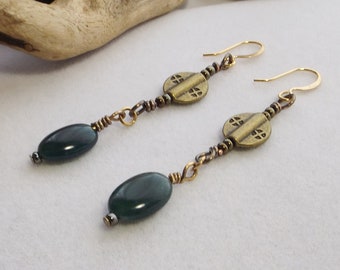 Earthy Green Jasper Dangle Earrings: Bronze Beaded Drops with Gemstone Accents, Handcrafted with Southwestern Flair, Thoughtful Gift for Her