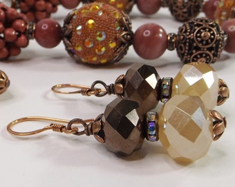 Beaded Chunky Earrings with Glass and Rhinestone Beads in Rich Shades of Brown - Boho Western Splendor – A Truly Unique Gift for Her