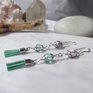 Green and Purple Beaded Chain Dangle Earrings Featuring Czech Glass Beads and Luxurious Leather Tassels: A Unique Gift for Her