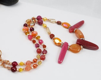 Gemstone Beaded Necklace with a Refined Tropical Vibe: Agates, Chalcedony, Czech Glass, & Crystals in Captivating Sunset Hues - Gift for Her