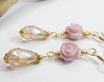 Pink and Gold Beaded Dangle Earrings Adorned with Rose Beads - Mother of the Bride Jewelry - A  Truly Unique Gift for Her