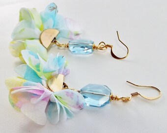 Elegant Fan Flower Tassel Earrings: Pastel Delight with Blue Glass Beads - Your Perfect Summer Jewelry and an Exceptional Gift for Her