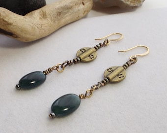 Earthy Green Jasper Dangle Earrings: Bronze Beaded Drops with Gemstone Accents, Handcrafted with Southwestern Flair, Thoughtful Gift for Her