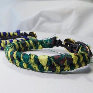 Artisan Handwoven Sari Silk Ribbon and Leather Bracelet: A Spectrum of Yellow, Green, or Blue - Elegant Fishtail Braided Gift for Her