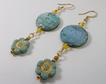 Statement Earrings with Turquoise Shell Beads, Sunflower Crystals, and Czech Glass – Radiant Boho Blossoms - A One-of-a-Kind Gift for Her