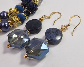 Dazzling Dark Blue and Gold Beaded Statement Earrings with Glass and Gemstone Beads - Midnight Blue Delight - An Exquisite Gift for Her