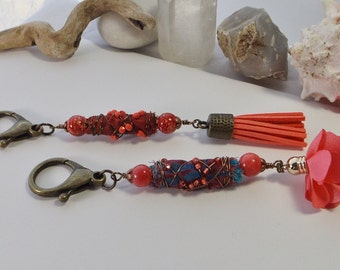 Handcrafted Boho Bead Bag Charm featuring Sari Ribbon, Wire-Wrapped Beads, Leather, & Flower Tassel - Artisan Elegance - Unique Gift for Her