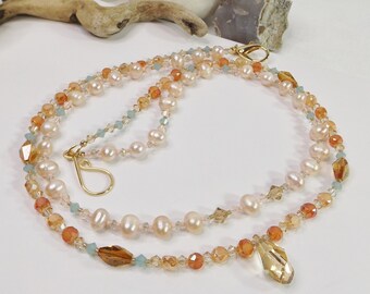 Multi-Strand Crystal and Pearl Necklace with Lustrous Orange and Tranquil Blue Beads - Timeless Elegance - A Truly Unique Gift for Her