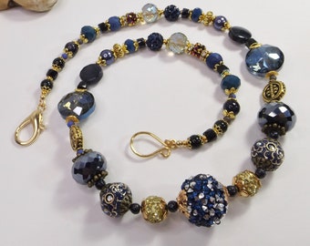 Exquisite Artisan-Crafted Dark Blue and Gold Chunky Boho Statement Necklace - A Thoughtful Gift Choice for Her