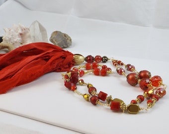 Festive Beaded Chain Statement Necklace with Red Sari Silk Ribbon and Playful Beads - The Perfect Christmas Necklace - Unique Gift for Her