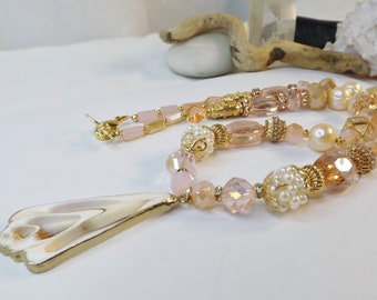 Pink Beaded Statement Necklace featuring a Gilded Shell Slice Pendant adorned with Pearls, Metallic, Glass Beads - Fun Summer Gift for Her