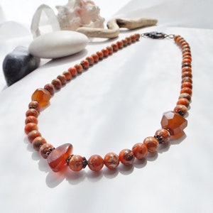 Rustic Beaded Necklace: Burnt Orange Jasper Beads Adorned with Carnelian Nuggets - Boho Layering Necklace - Unique Gift for Her