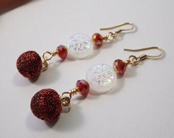 Beaded Earrings with Glass Snowflake Beads and Glitter Pom Pom Charms in Red and White - Frosty Elegance and Perfect for the Holiday Season