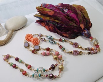 Handcrafted Beaded Chain Necklace with Sari Silk Tassel in Shades of Purple, Peach, and Pink - Radiant Elegance - Truly Unique Gift for Her