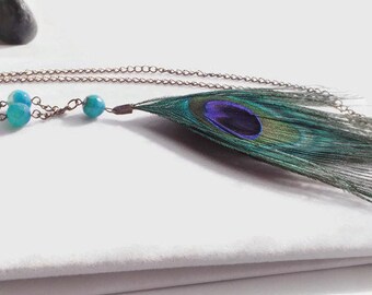 Enchanting Peacock Eye Feather Pendant Necklace: Adjustable Agate Beaded Chain, Handcrafted Southwestern Jewelry, Thoughtful Gift for Her