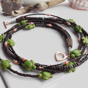 Beaded Turtle Statement Necklace: A Vibrant Multi-Strand Boho Masterpiece adorned with Brown, Green, & Pink Gemstones Unique Gift for Her image 1