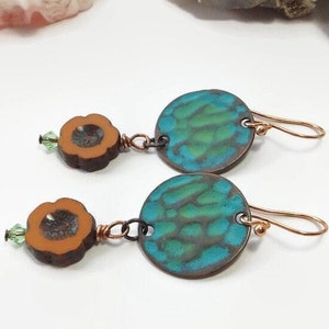 Enchanting Boho Statement Earrings: Adorned with Orange Czech Glass Flower Beads and Copper Patina Discs - Thoughtful Gift for Her