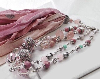 Beaded Chain Necklace: Pink Sari Silk Fabric Tassel, Quartz Pendant, Ceramic, and Glass Beads - An Expression of Boho Western Elegance