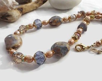 Elegant Beaded Chalcedony and Pearl Necklace: A Mesmerizing Blend of Blue, Brown, and Gold Hues, Embellished with Sunstone and Crystals