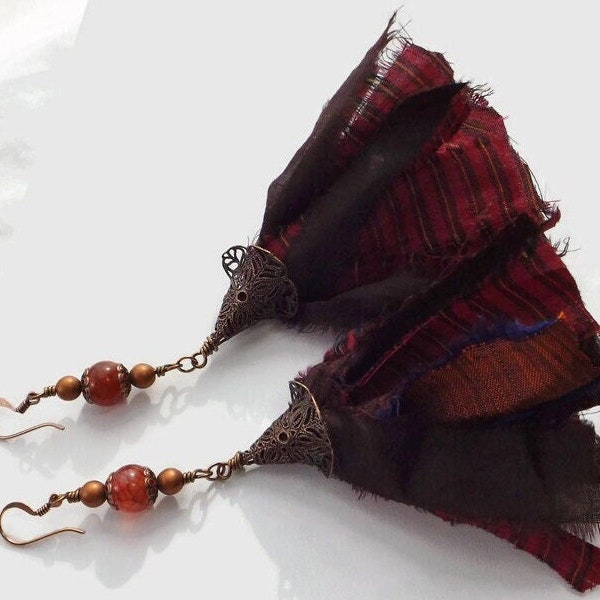 Boho Sari Silk Tassel Long Earrings in Red and Black with Agates and Glass Pearls - Exquisite Shabby Chic Jewelry - Fun Festive Gift for Her