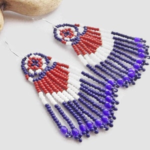 Handwoven Seed Bead Earrings: A Tapestry of Red, White, & Blue Fringe Delight, Embrace Patriotic Finesse with this Distinctive Boho Jewelry
