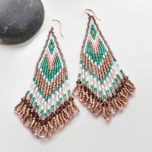 Fringe Seed Bead Handwoven Statement Earrings in Copper, Green, and Pink Beautiful Boho Western Piece Unique Gift for Her image 1