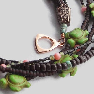 Beaded Turtle Statement Necklace: A Vibrant Multi-Strand Boho Masterpiece adorned with Brown, Green, & Pink Gemstones Unique Gift for Her image 7